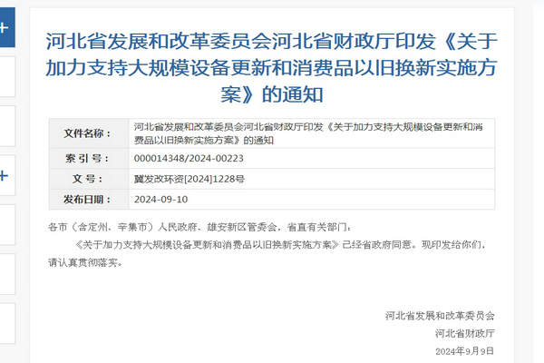 河北省《加力支持大规模设备更新和消费品以旧换新实施方案》发布